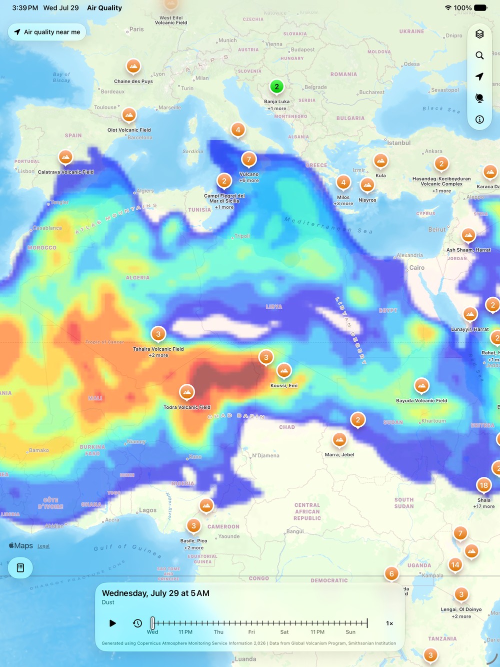 Air Quality Index on iPad showing the worldwide dust forecast across the Sahara with named volcanoes across Europe, North Africa and the Middle East.