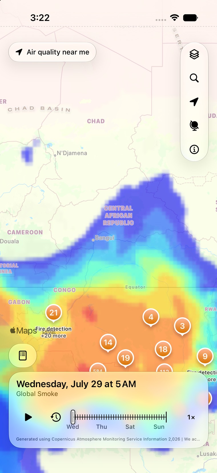 Air Quality Index on iPhone showing the global smoke forecast over the Congo Basin with a playable five-day timeline.