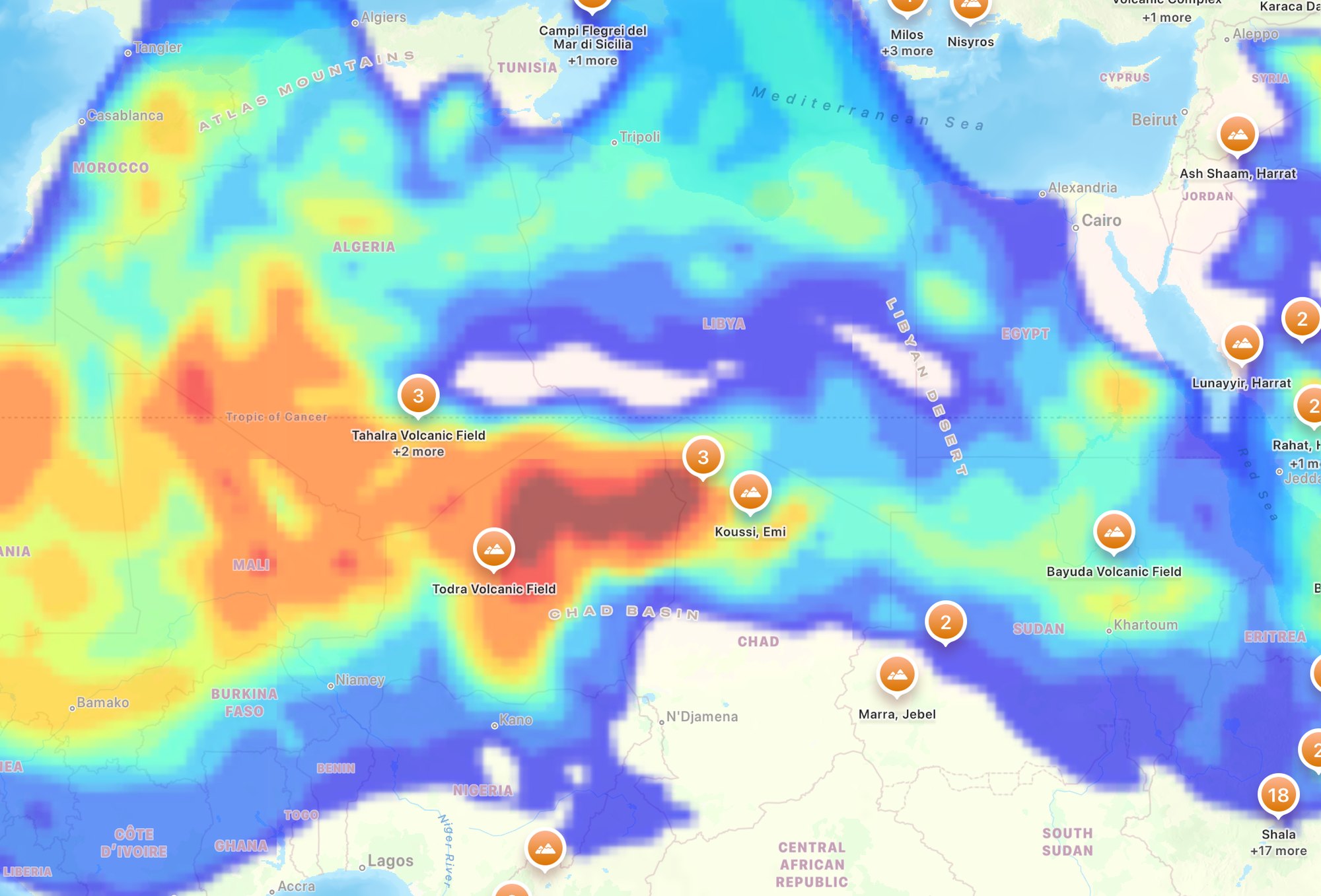 A worldwide dust forecast rendered over North Africa and the Sahara, with Smithsonian volcano locations marked across the Mediterranean and Sahel.