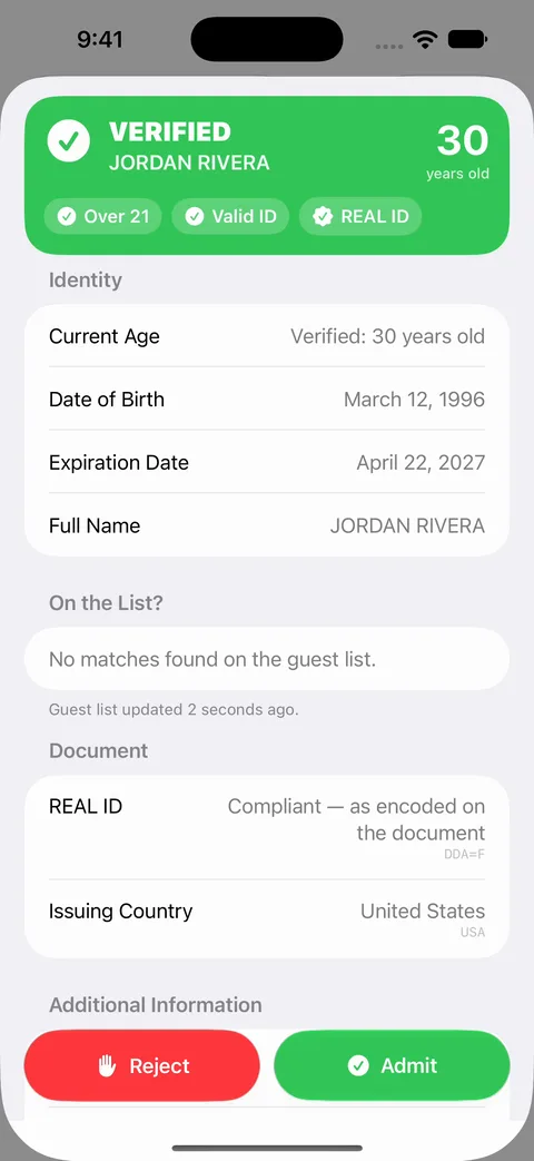 Check ID on iPhone showing a verified, over-21 result