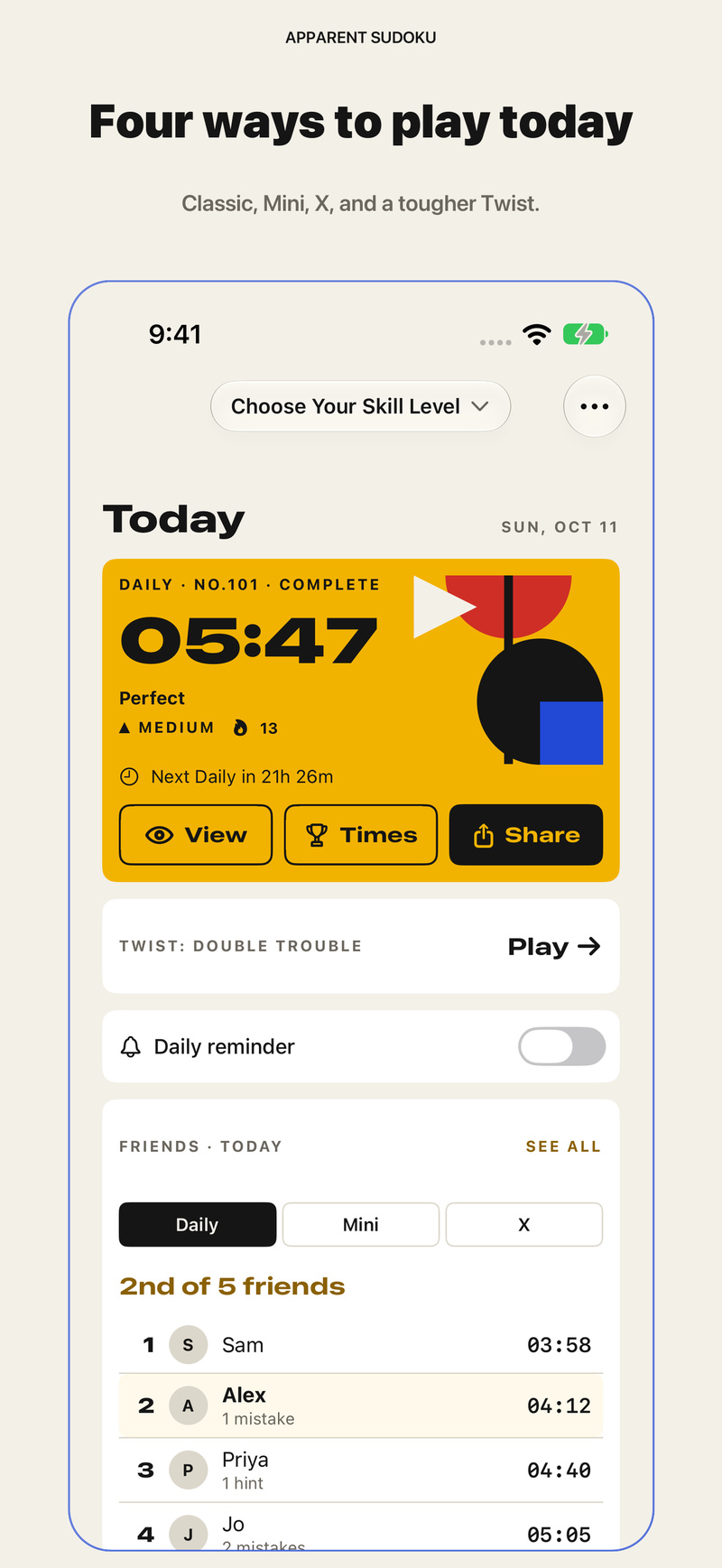 “Four ways to play today”: the Daily solved in 05:47 with View, Times and Share buttons, the Twist still to play, a Daily reminder switch, and the friends race.